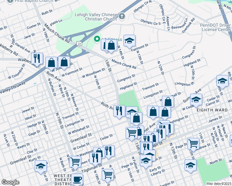 map of restaurants, bars, coffee shops, grocery stores, and more near 1513 Highland Street in Allentown