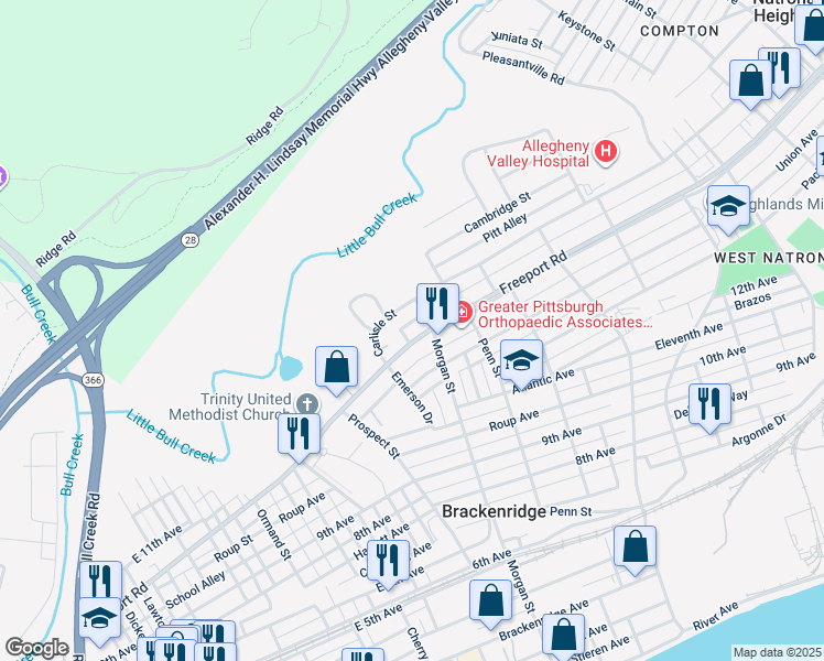 map of restaurants, bars, coffee shops, grocery stores, and more near 930 Carlisle Street in Natrona Heights