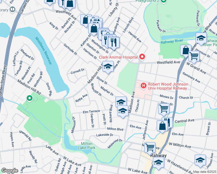 map of restaurants, bars, coffee shops, grocery stores, and more near 1191 Stone Street in Rahway