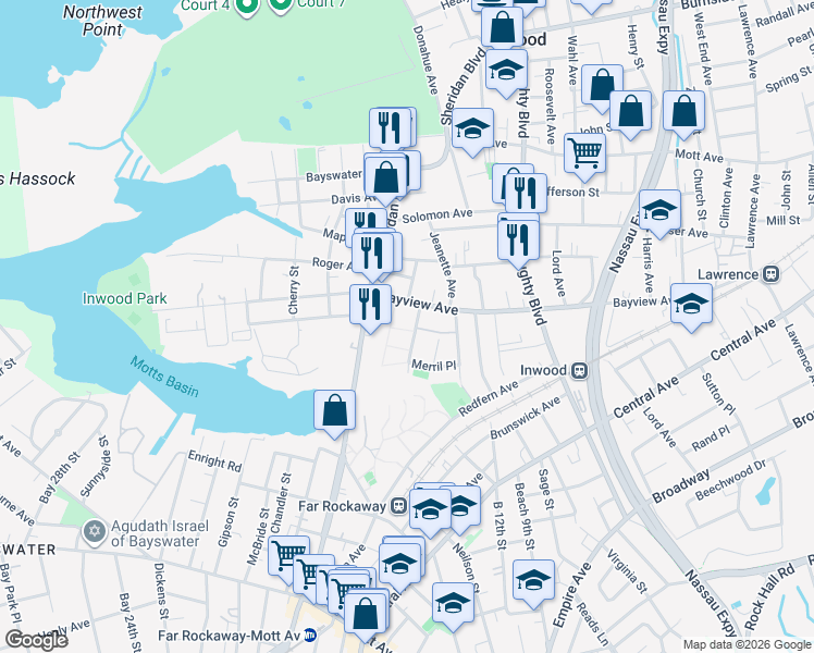 map of restaurants, bars, coffee shops, grocery stores, and more near 385 Bayview Avenue in Hempstead