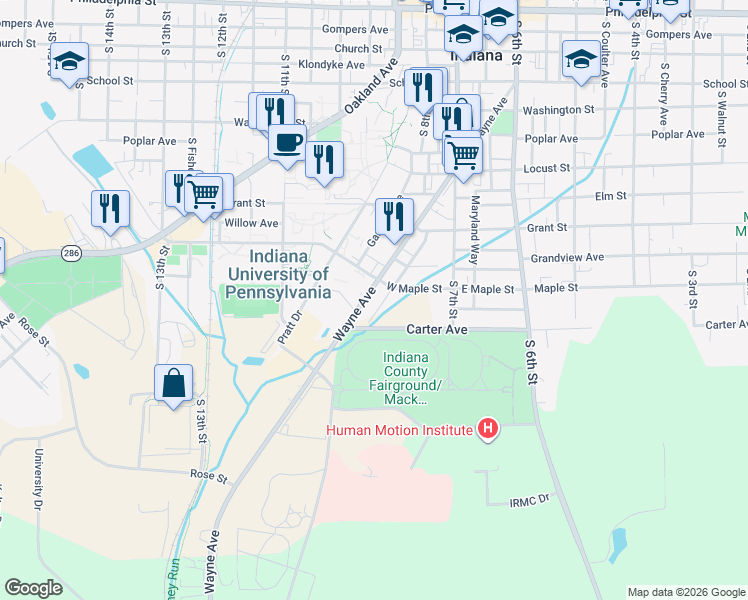 map of restaurants, bars, coffee shops, grocery stores, and more near 793 West Maple Street in Indiana