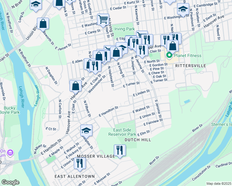 map of restaurants, bars, coffee shops, grocery stores, and more near 802 East Turner Street in Allentown