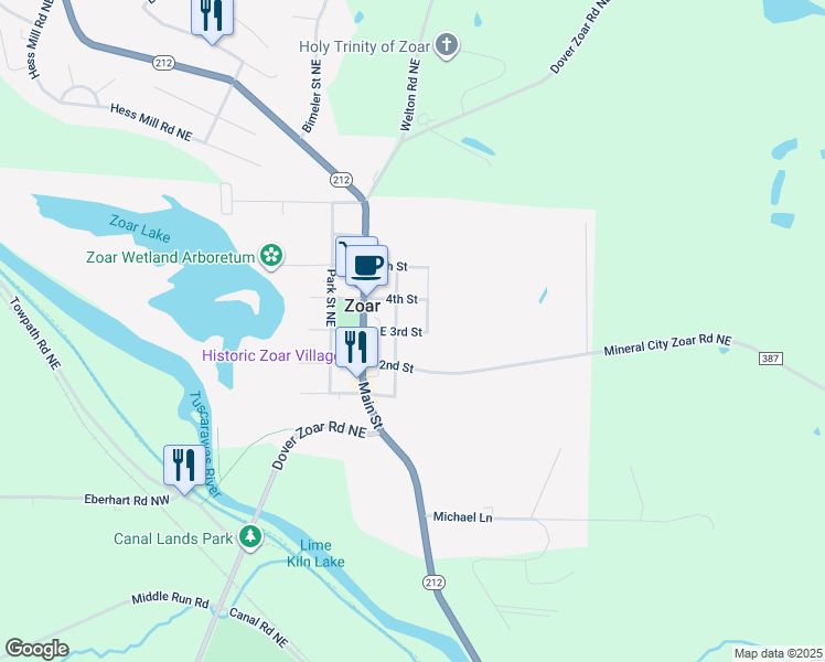 map of restaurants, bars, coffee shops, grocery stores, and more near East St in Zoar