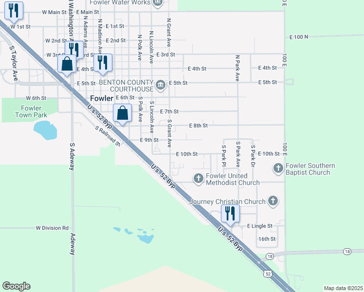 map of restaurants, bars, coffee shops, grocery stores, and more near 902 East 9th Street in Fowler