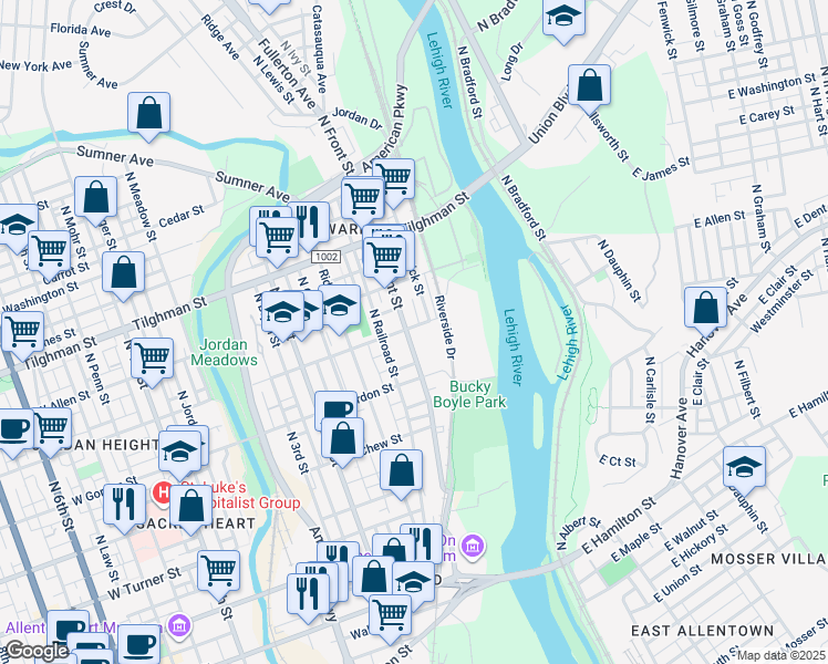 map of restaurants, bars, coffee shops, grocery stores, and more near 477 North Front Street in Allentown