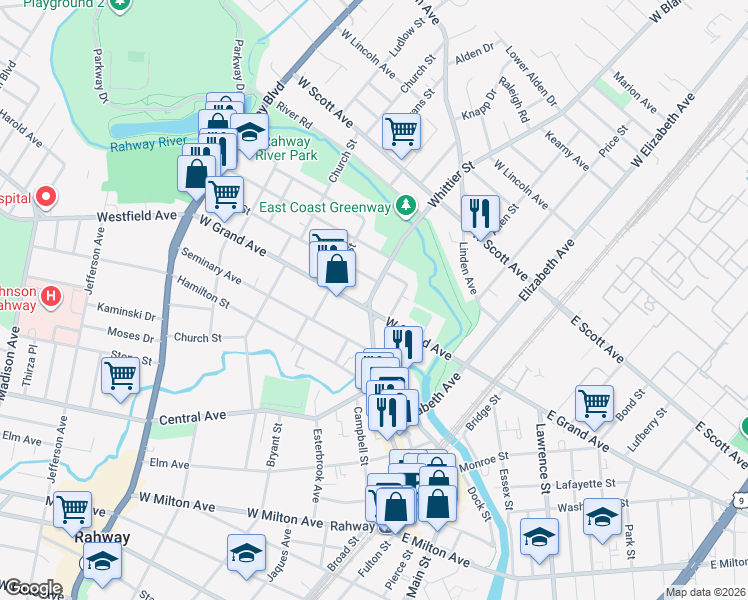 map of restaurants, bars, coffee shops, grocery stores, and more near 368 Union Street in Rahway