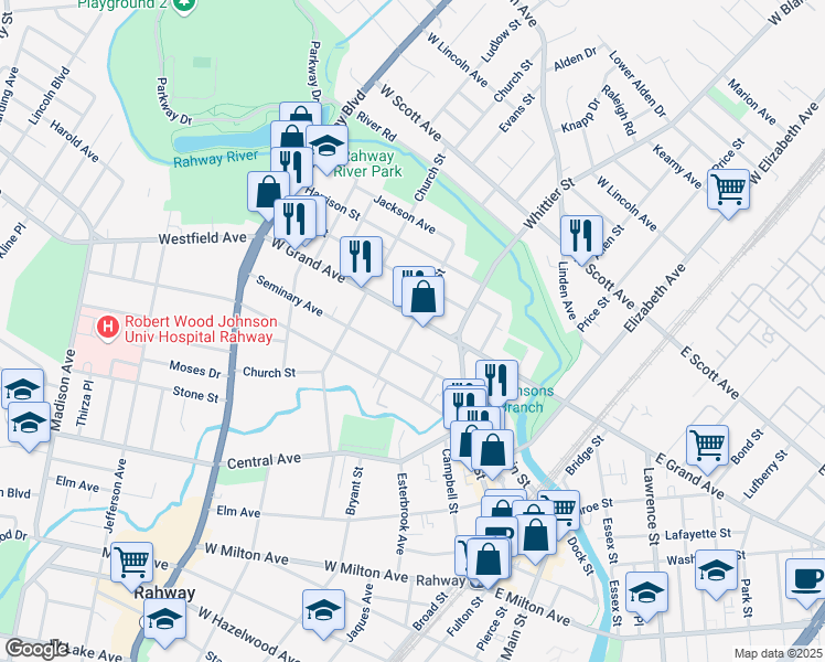 map of restaurants, bars, coffee shops, grocery stores, and more near 419 West Grand Avenue in Rahway