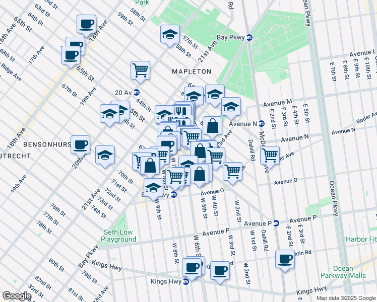 map of restaurants, bars, coffee shops, grocery stores, and more near 2233 65th Street in Brooklyn