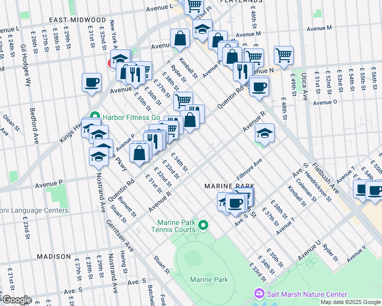 map of restaurants, bars, coffee shops, grocery stores, and more near 1722 East 36th Street in Brooklyn
