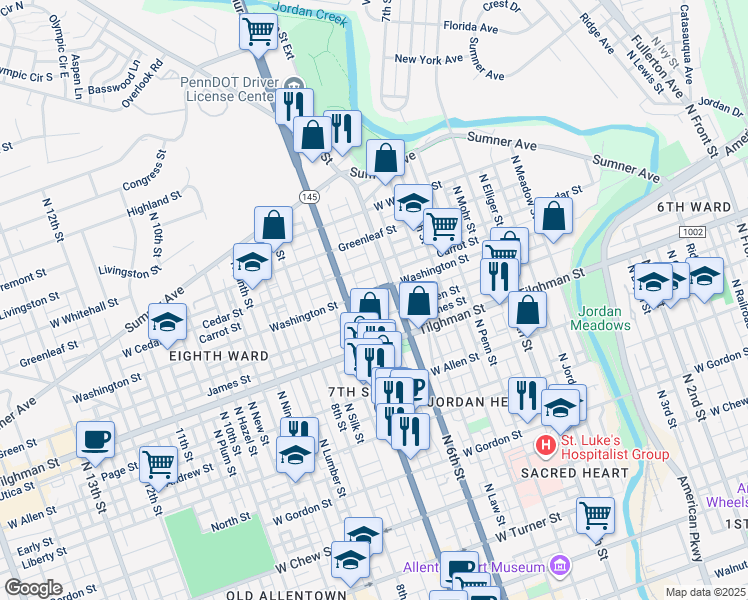 map of restaurants, bars, coffee shops, grocery stores, and more near 622 1/2 Washington Street in Allentown