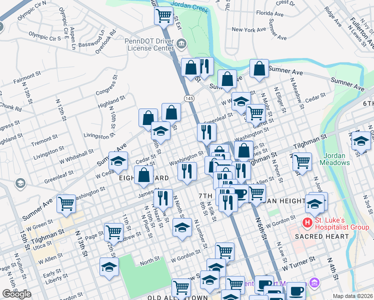 map of restaurants, bars, coffee shops, grocery stores, and more near 733 Cedar Street in Allentown