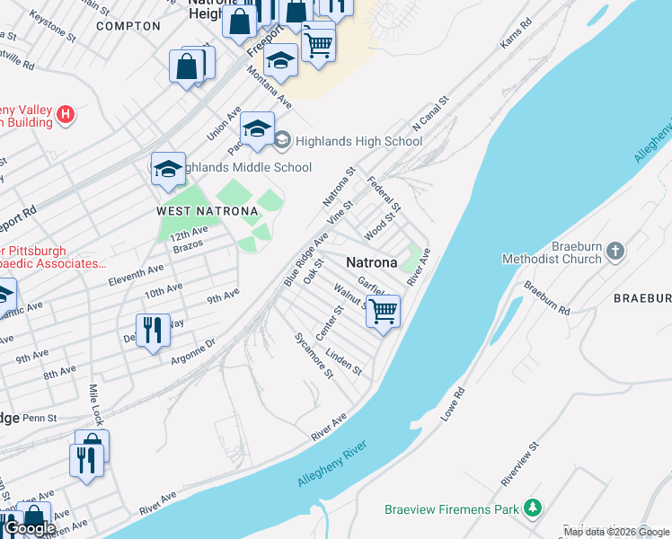 map of restaurants, bars, coffee shops, grocery stores, and more near 73 Chestnut Street in Natrona Heights