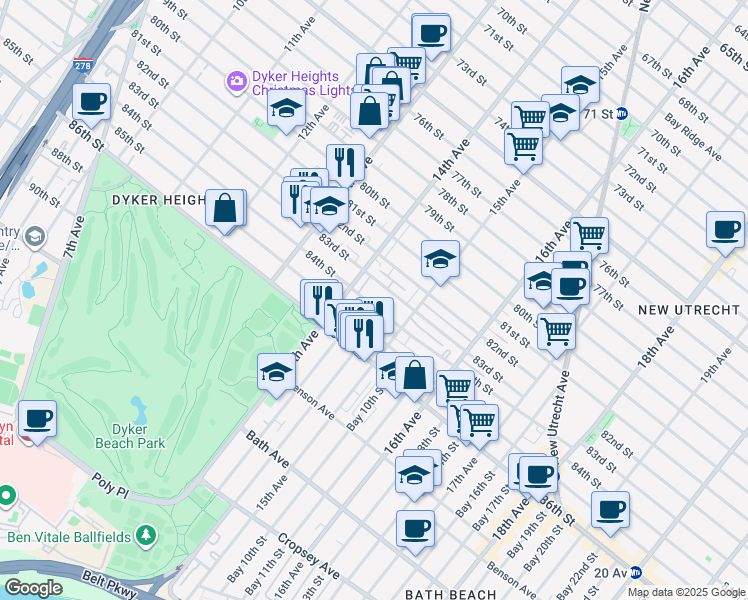 map of restaurants, bars, coffee shops, grocery stores, and more near 1431 84th Street in Brooklyn