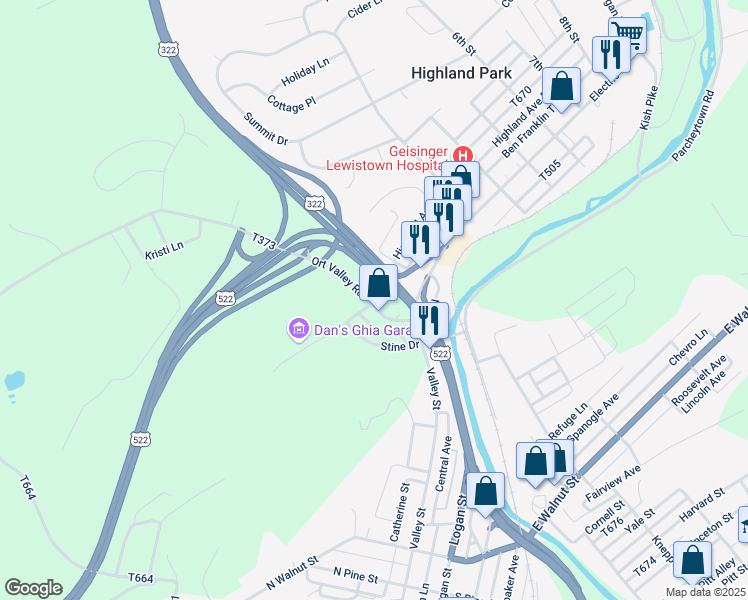 map of restaurants, bars, coffee shops, grocery stores, and more near 19 Ort Valley Road in Lewistown