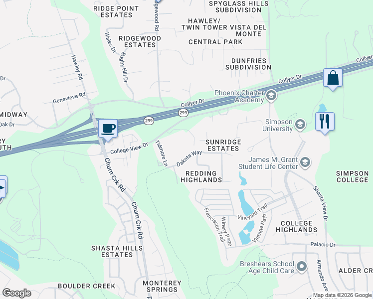 map of restaurants, bars, coffee shops, grocery stores, and more near 1681 Stetson Way in Redding
