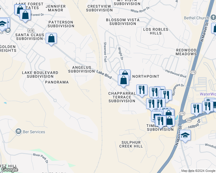 map of restaurants, bars, coffee shops, grocery stores, and more near 550 Buckeye Terrace in Redding