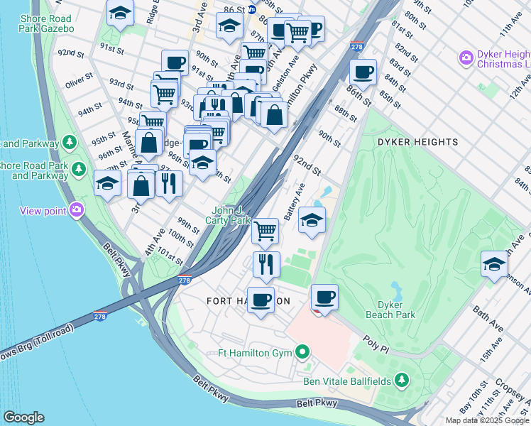 map of restaurants, bars, coffee shops, grocery stores, and more near 272 Dahlgren Place in Brooklyn