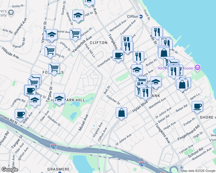map of restaurants, bars, coffee shops, grocery stores, and more near 12 White Plains Avenue in Staten Island