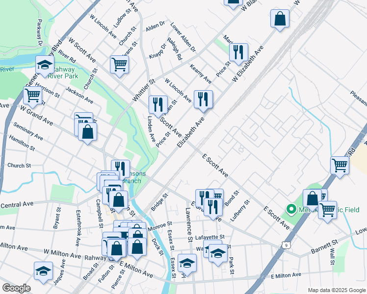map of restaurants, bars, coffee shops, grocery stores, and more near 120 West Scott Avenue in Rahway
