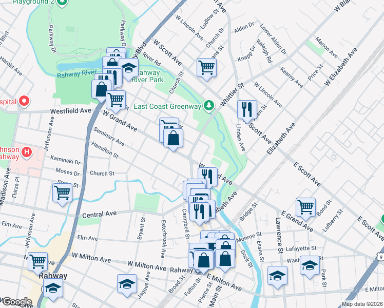 map of restaurants, bars, coffee shops, grocery stores, and more near 368 Union Street in Rahway