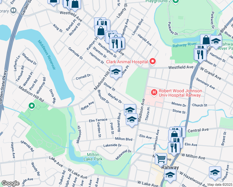 map of restaurants, bars, coffee shops, grocery stores, and more near 1191 Stone Street in Rahway
