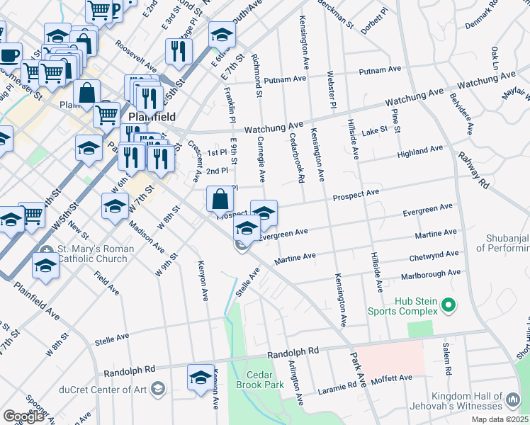 map of restaurants, bars, coffee shops, grocery stores, and more near 977-1005 Prospect Avenue in Plainfield