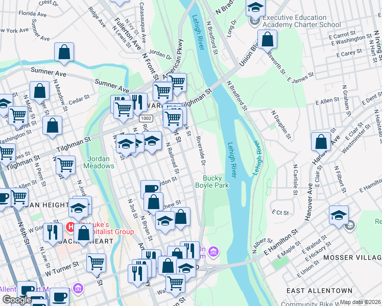 map of restaurants, bars, coffee shops, grocery stores, and more near 513 North Front Street in Allentown