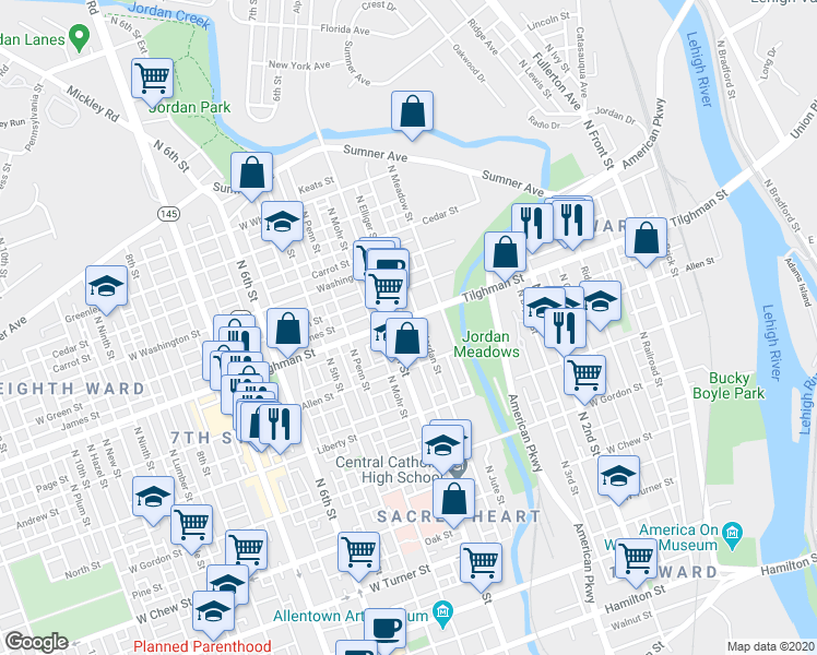 map of restaurants, bars, coffee shops, grocery stores, and more near 708 North Jordan Street in Allentown