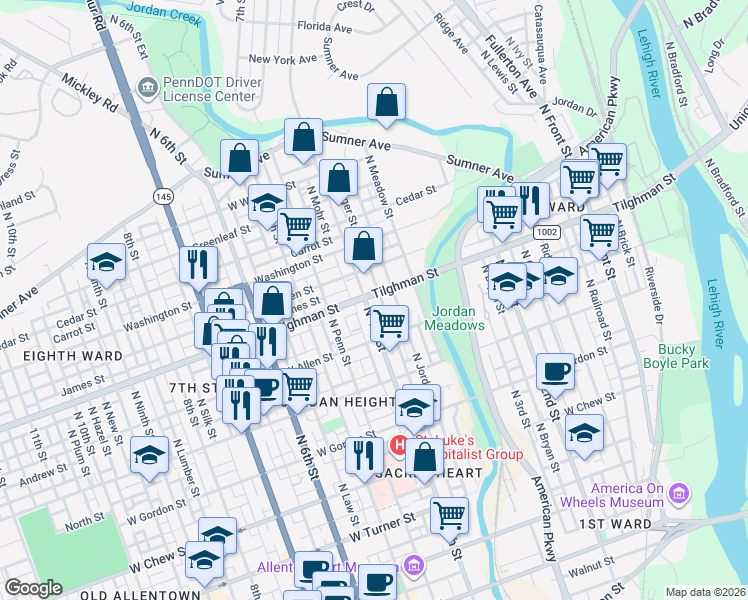 map of restaurants, bars, coffee shops, grocery stores, and more near 708 North Jordan Street in Allentown