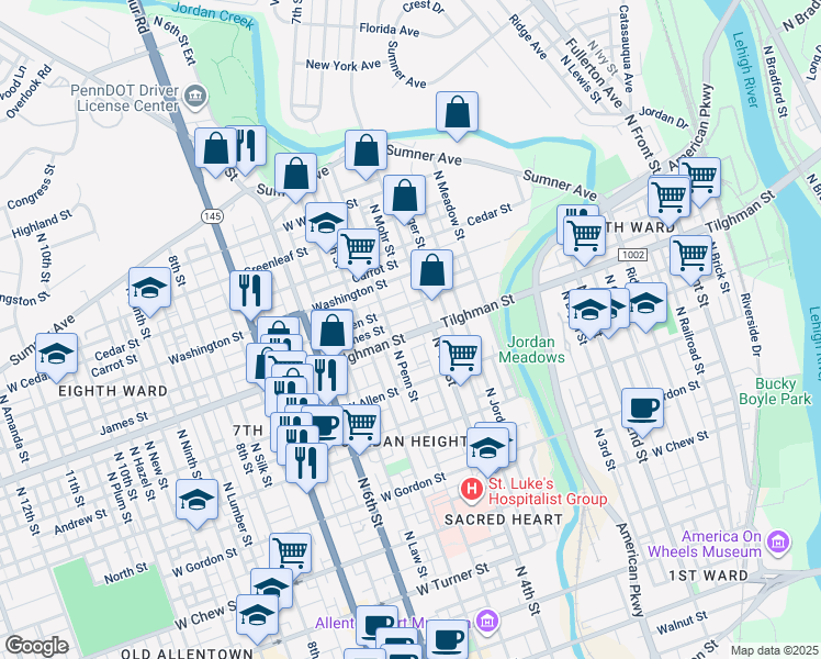 map of restaurants, bars, coffee shops, grocery stores, and more near 416 West Green Street in Allentown