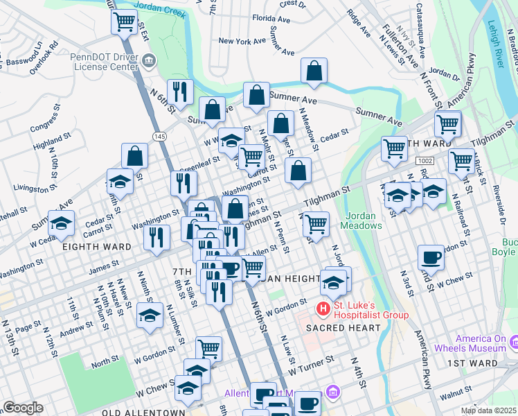 map of restaurants, bars, coffee shops, grocery stores, and more near 717 North 5th Street in Allentown