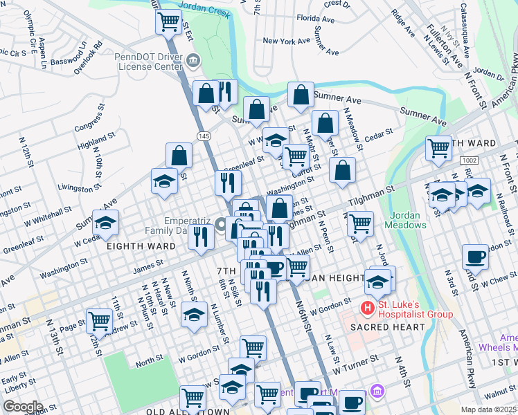 map of restaurants, bars, coffee shops, grocery stores, and more near 802 North 6th Street in Allentown