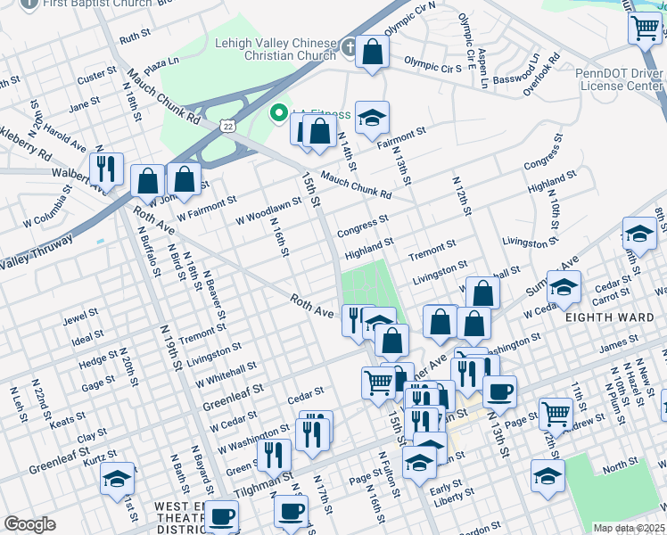 map of restaurants, bars, coffee shops, grocery stores, and more near 1513 Highland Street in Allentown