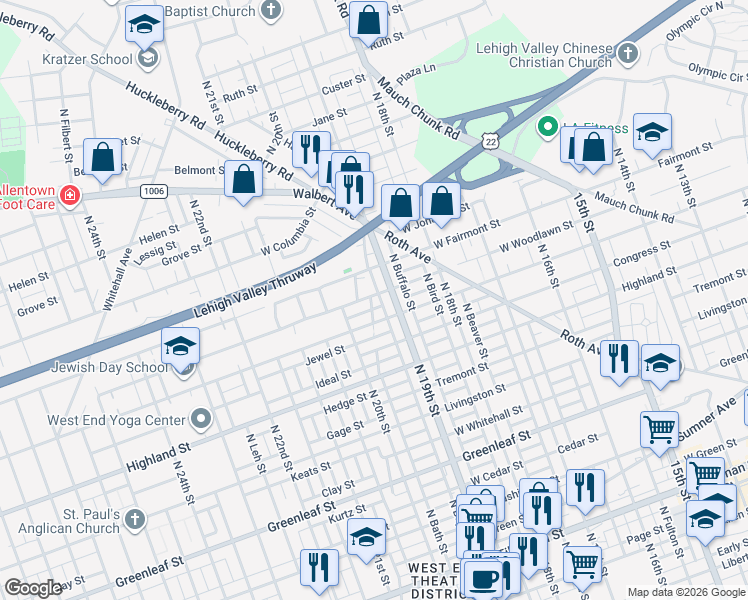 map of restaurants, bars, coffee shops, grocery stores, and more near 1234 North 19th Street in Allentown