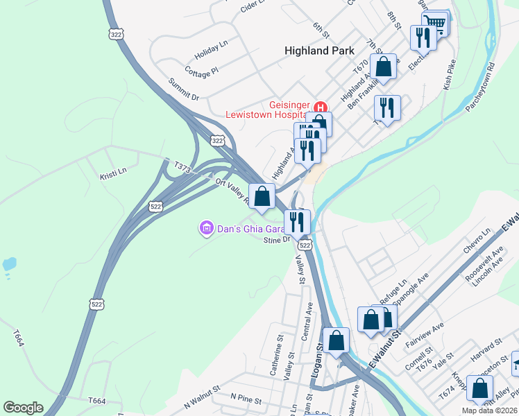 map of restaurants, bars, coffee shops, grocery stores, and more near 41-57 Ort Valley Road in Lewistown