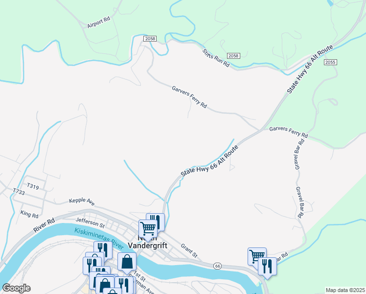 map of restaurants, bars, coffee shops, grocery stores, and more near 1122 Pine View Lane in Vandergrift