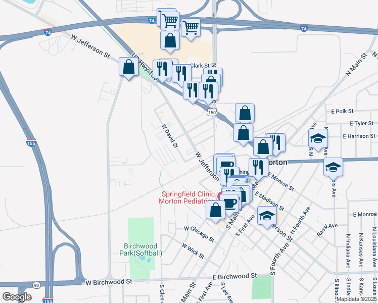 map of restaurants, bars, coffee shops, grocery stores, and more near 101 N Mosiman Ave in Morton