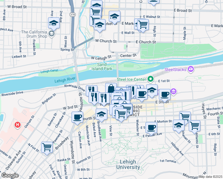 map of restaurants, bars, coffee shops, grocery stores, and more near 11 West 2nd Street in Bethlehem
