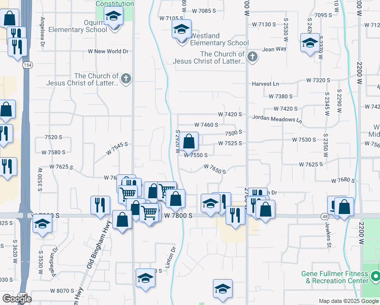 map of restaurants, bars, coffee shops, grocery stores, and more near 2886 West 7550 South in West Jordan