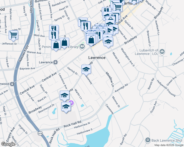 map of restaurants, bars, coffee shops, grocery stores, and more near 261 Broadway in Lawrence