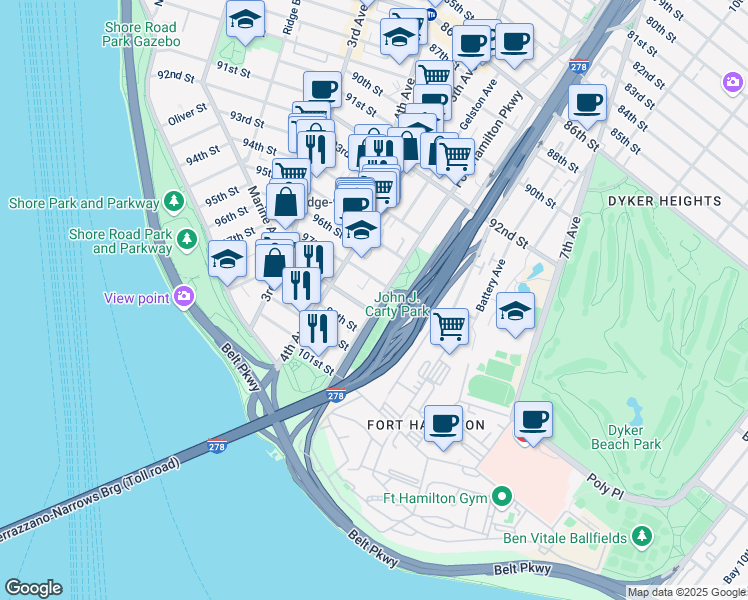 map of restaurants, bars, coffee shops, grocery stores, and more near 442 97th Street in Brooklyn