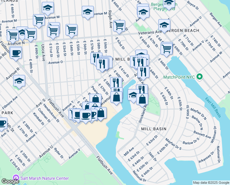 map of restaurants, bars, coffee shops, grocery stores, and more near 3240 East 58th Street in Brooklyn