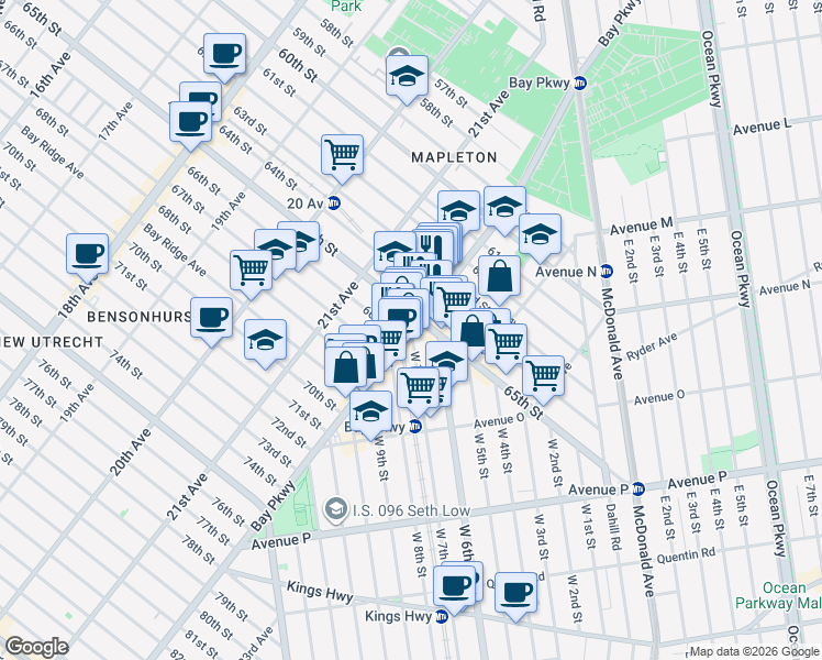 map of restaurants, bars, coffee shops, grocery stores, and more near Bay Parkway & West 7th Street in Brooklyn
