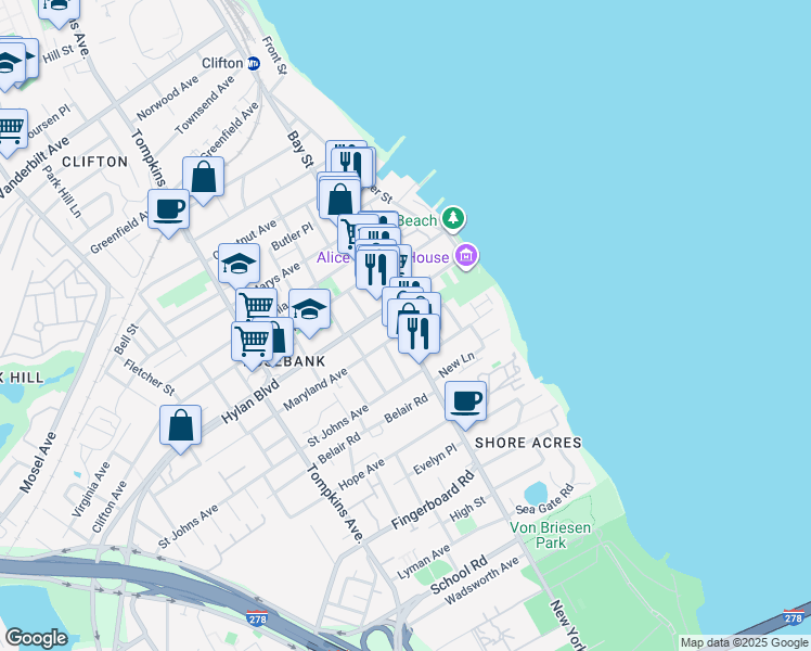 map of restaurants, bars, coffee shops, grocery stores, and more near in Staten Island