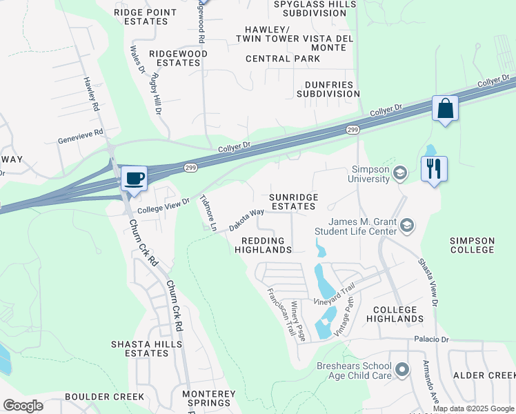 map of restaurants, bars, coffee shops, grocery stores, and more near 1684 Dakota Way in Redding