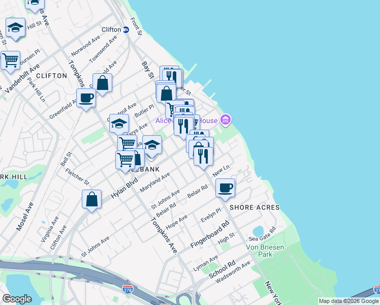 map of restaurants, bars, coffee shops, grocery stores, and more near in Staten Island