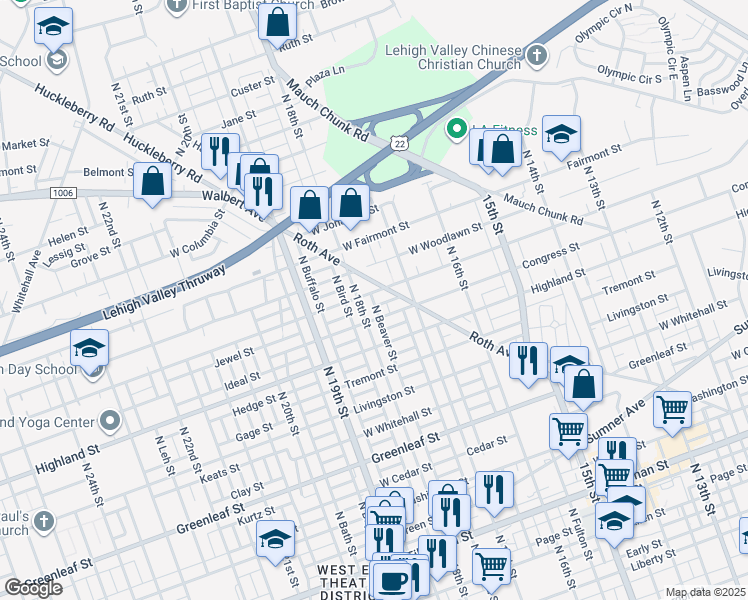 map of restaurants, bars, coffee shops, grocery stores, and more near 1746 Roth Avenue in Allentown