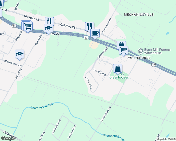 map of restaurants, bars, coffee shops, grocery stores, and more near 95 Ditmar Boulevard in Readington Township