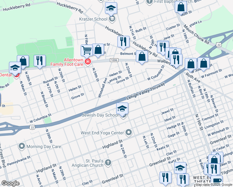 map of restaurants, bars, coffee shops, grocery stores, and more near 2245 West Columbia Street in Allentown