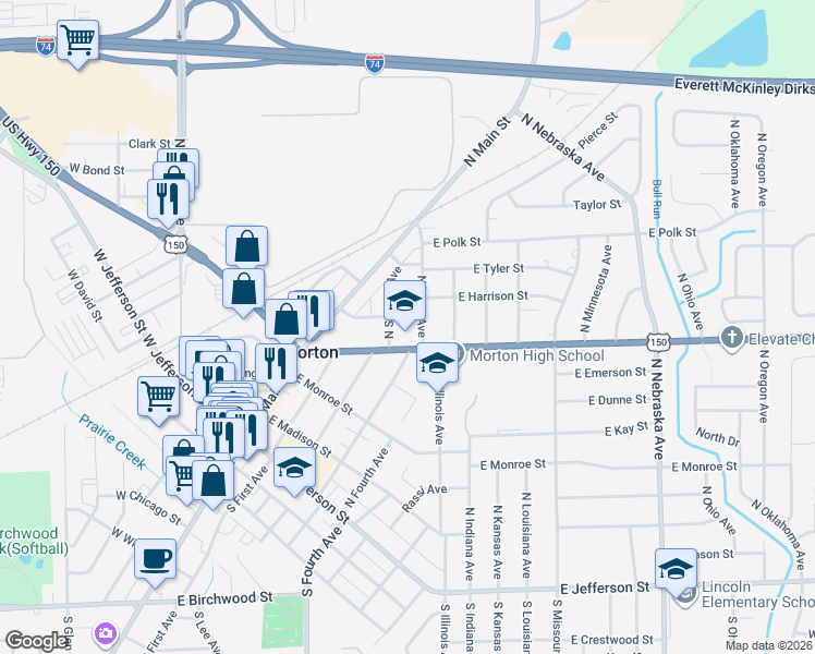 map of restaurants, bars, coffee shops, grocery stores, and more near 225 East Jackson Street in Morton